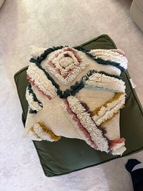 Anthropologie Ivory Tufted Geometric Accent Pillow with Green, Pink, Mustard